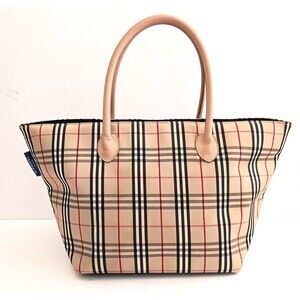 Vintage BURBERRY Blue Label Nova Check Tote Natural Leather Double Top Handles